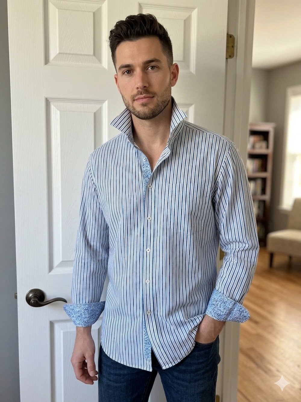 Men’s Authentic Bugatchi Blue Stripe Button-Up Shirt- Large NWOT